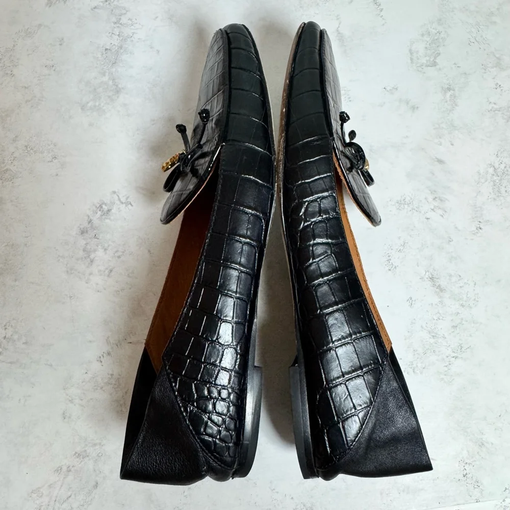 Women's Tory Burch Charm Croco Leather Loafers Size 7.5 Brown Black - Picture 3 of 10